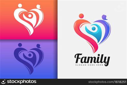Family Logo Design with Colorful Family Group Forming a Heart Symbol Concept. Vector Logo Illustration.