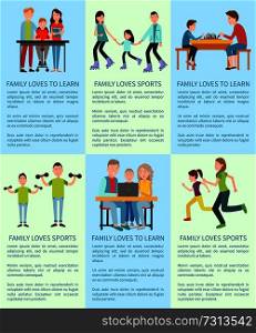 Family loves sports and to learn set of banners isolated on bright backdrops, sport and studying activity, parents and their children, text sample. Family Loves Sports and to Learn Set of Banners