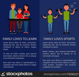Family loves sports and to learn two color banners, vector illustrations isolated on blue backdrops, father and his son with dumbbells, writing boy. Family Loves Sports and to Learn Two Color Banners