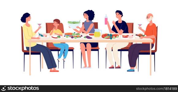 Family lunch. Happy people eating together, festive Christmas or Thanksgiving dinner. Diverse generations, man woman child celebrating vector illustration. Dinner table, family together at holiday. Family lunch. Happy people eating together, festive Christmas or Thanksgiving dinner. Diverse generations, man woman child celebrating vector illustration