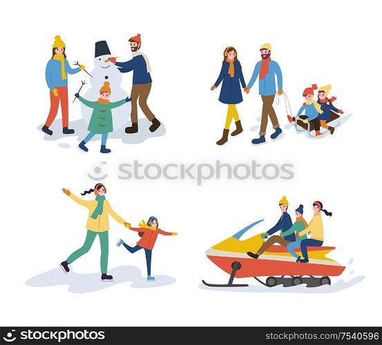Family making snowman, mum and daughter skiing, riding on snowmobiling, walking outdoor with kids on sleigh, illustrations isolated on white vector. Mum and Dad with Kids Set of Activities Vector