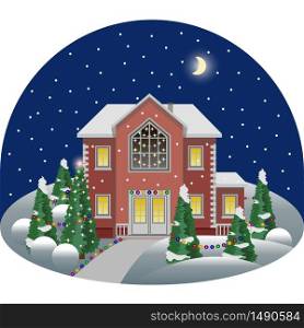 Family manor house in cartoon night winter landscape scene decorated for Christmas or New Year night. House and trees in snow, sidewalk, colorful fires. Vector illustration, flat design style