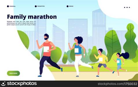 Family marathon. Dad, mom and kids running together in summer city park. Healthy lifestyle, children jogging training vector concept. Illustration family run, dad and mom, happy running people. Family marathon. Dad, mom and kids running together in summer city park. Healthy lifestyle, children jogging training vector concept