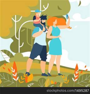 Family Married Couple with Little Son Child Taking Selfie on Mobile Phone on Nature. Cartoon Adults and Kid Characters Rest in Forest. Parenthood and Childhood. Happy Moments. Vector Flat Illustration. Family Couple with Child Taking Selfie on Nature