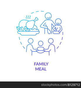 Family meal blue gradient concept icon. Having dinner with family members. Quality time together abstract idea thin line illustration. Isolated outline drawing. Myriad Pro-Bold font used. Family meal blue gradient concept icon