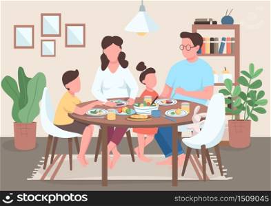 Family meal flat color vector illustration. Mother and father eating food with kids. Children having dinner with parents. Relatives 2D cartoon characters with interior on background