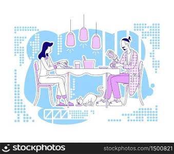 Family meal flat silhouette vector illustration. Man and woman sit at table and eat breakfast. Dinner, launch time. Couple outline characters on blue background. Morning routine simple style drawing. Family meal flat silhouette vector illustration