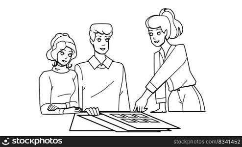 family meeting line pencil drawing vector. man woman, happy couple, home female, smiling together, young financial, communication advisor family meeting character. people Illustration. family meeting vector