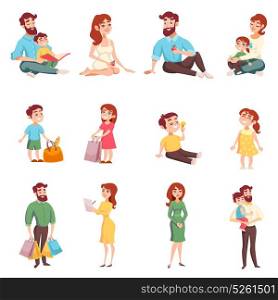 Family Members Cartoon Style Set. Set of happy family members with mom dad daughter son with bag cartoon style isolated vector illustration
