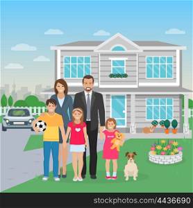 Family Members Flat Illustration. Color flat illustration big happy family with dog in the yard vector illustration