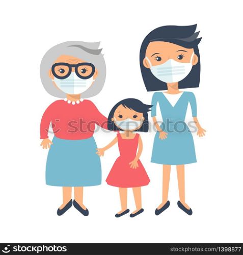 Family members mother, grandmother and baby girl wearing medical mask to protect themselves from corona virus. Covid - 19 concept vector illustration.. Family member wearing medical mask to protect themselves from corona virus concept vector illustration.