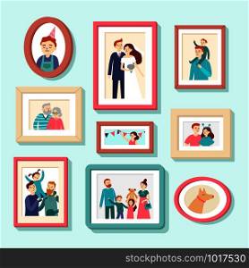 Family members portraits. Wedding photo in frame, couple portrait. Smiling husband, wife and kids, dog photos in frames happy family generations character flat vector illustration. Family members portraits. Wedding photo in frame, couple portrait. Smiling husband, wife and kids photos in frames vector illustration