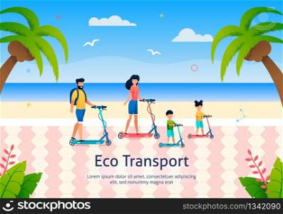 Family Members Riding Scooters on Beach Banner Vector Illustration. Happy Cartoon Man and Woman with Children near Sea and Palm Trees. Father, Mother and Kids Having Rest and Relax. Eco Transport.. Family Members Riding Scooters on Beach Banner.