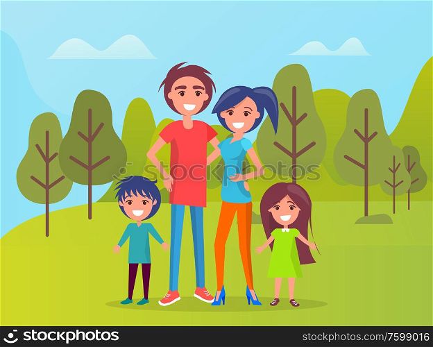 Family members smiling vector, father and mother cuddling, kids standing by parents. Boy and girl son and daughter on weekend, nature of forest area. Family in Park, Father and Mother with Children