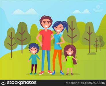 Family members smiling vector, father and mother cuddling, kids standing by parents. Boy and girl son and daughter on weekend, nature of forest area. Family in Park, Father and Mother with Children