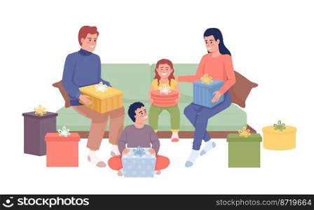 Family members unpacking gifts semi flat color vector character. Editable figure. Full body people on white. Christmas simple cartoon style illustration for web graphic design and animation. Family members unpacking gifts semi flat color vector character