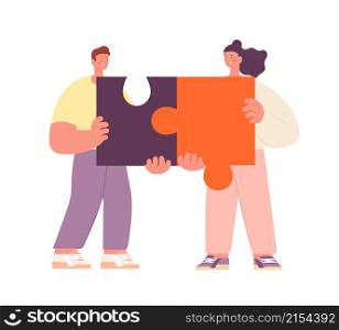 Family metaphor. Couple collect puzzle pieces, jigsaw elements. Woman man friendship, relationship or collaboration. Business teamwork utter vector scene. Illustration of couple metaphor concept. Family metaphor. Couple collect puzzle pieces, jigsaw elements. Woman man friendship, relationship or collaboration. Business teamwork utter vector scene
