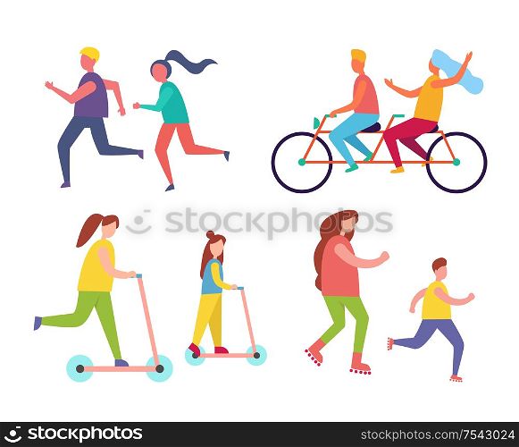 Family mom and child with air inflatable balloon icons set vector. Relaxing people riding bicycle and couple playing tennis. Running male and female. Family Mom Child with Balloon Vector Illustration