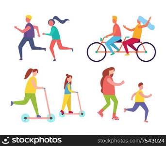 Family mom and child with air inflatable balloon icons set vector. Relaxing people riding bicycle and couple playing tennis. Running male and female. Family Mom Child with Balloon Vector Illustration