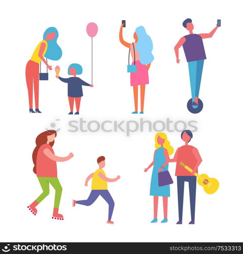 Family mom kid with inflatable balloon eating ice cream dessert. Woman taking photo and people running jogging. Couple with guitar instrument vector. Family Mom Kid with Balloon Vector Illustration