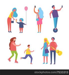 Family mom kid with inflatable balloon eating ice cream dessert. Woman taking photo and people running jogging. Couple with guitar instrument vector. Family Mom Kid with Balloon Vector Illustration
