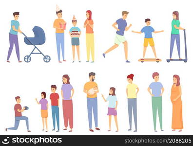 Family moments icons set cartoon vector. Baby childhood. Happy family. Family moments icons set cartoon vector. Baby childhood