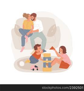 Family moments isolated cartoon vector illustration. Kids are busy playing on the floor, parents hugging each other, sitting on the sofa, family happy moment, relationship vector cartoon.. Family moments isolated cartoon vector illustration.