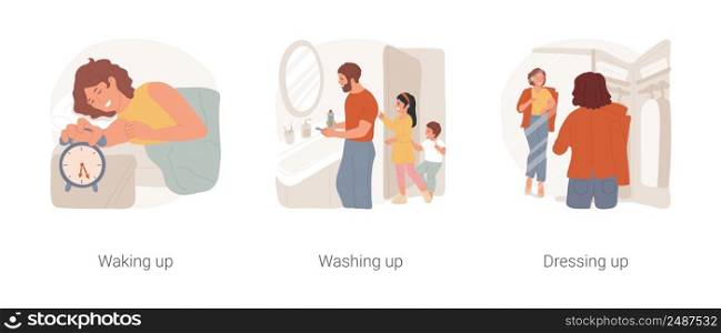 Family morning routine isolated cartoon vector illustration set. Waking up in the morning, family daily routine, washing up in bathroom together, dressing up, get ready for the day vector cartoon.. Family morning routine isolated cartoon vector illustration set.