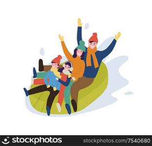 Family mother and father, children having fun vector. Winter leisure cold weather people going down slope, downhill on rubber boat happy relatives. Family Mother and Father, Children Having Fun