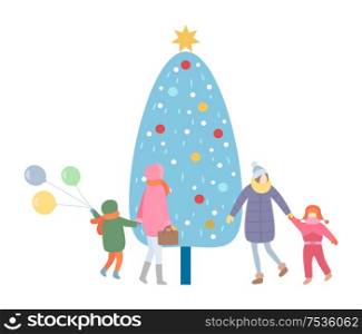 Family mother and kid walking by Christmas evergreen pine tree vector. Spruce decorated with baubles and garland, star balloons. Wintertime season. Family Mother and Kid Walking by Christmas Tree