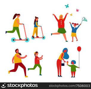 Family mother and son eating ice cream isolated icons set. Woman and girl riding scooters, running and jogging. People catching butterflies vector. Family Mother and Son Set Vector Illustration
