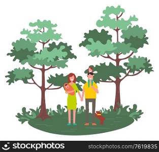 Family mother, father and children walking outdoors with dog pet. Vector mom and dad, son and daughter spending time together in spring or summer forest. Family Mother Father and Children Walking Outdoors