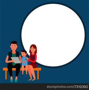 Family mother father and son sitting on bench and watching boys grades on exams list. Parents proud about child vector isolated on round frame for text. Family Mother Father and Son Sits on Bench List