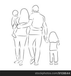 Family. Mother, father and two children, vector. Hand drawn sketch. Mother, father and two children are walking, view from the back.
