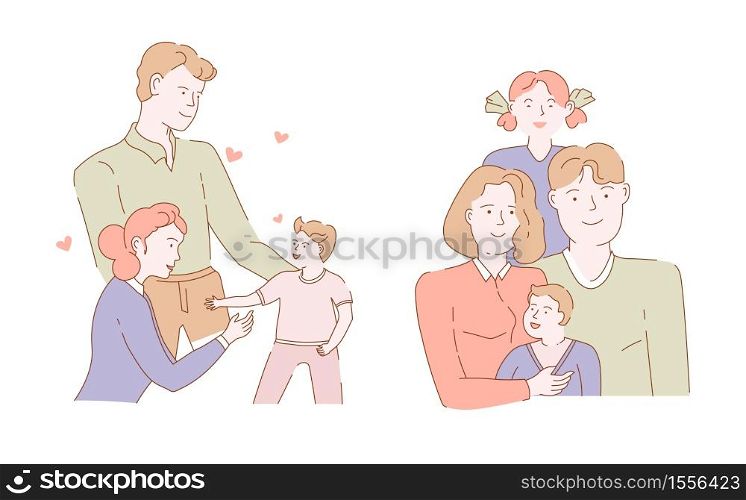 Family mother father son and daughter isolated characters love and care vector man and woman child or kid dad holding baby hug or embrace, parents married couple brother and sister husband and wife. Mother and father children family portrait isolated characters groups