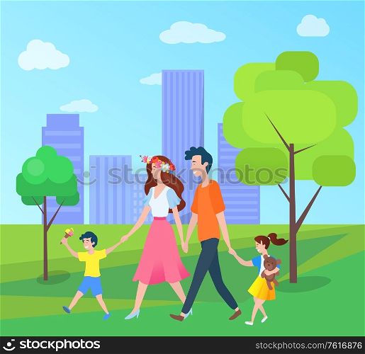Family mother father son and daughter walking in urban city park with trees and buildings. Vector mom and dad, boy and girl spend time together outdoors. Family Mother Father Son Daughter Walking in Park