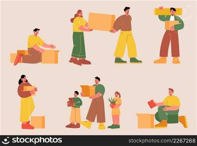 Family move to new house and packing home stuff. Vector flat illustrations of happy people and kids carry cardboard boxes. Concept of relocation, moving, delivery and package. Family move to new house and packing boxes