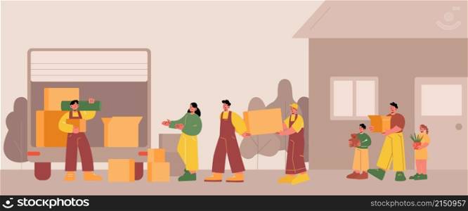 Family move to new house with cardboard boxes. Vector flat illustration of workers carry home stuff to van with open trunk. Concept of moving service with loaders and truck. Family move to new house with cardboard boxes