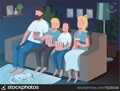Family movie night flat color vector illustration. Mother and father watch TV with children. Evening family routine. Parents and kids 2D cartoon characters with interior on background