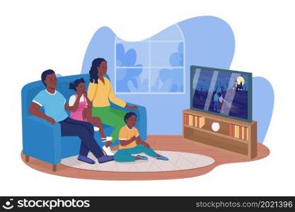 Family movie night on Halloween 2D vector isolated illustration. Parents with children sitting on sofa flat characters on cartoon background. Bonding experience for whole family colourful scene. Family movie night on Halloween 2D vector isolated illustration
