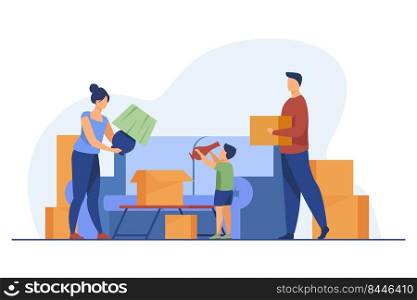 Family moving and packing things. Parents, kid, carton boxes flat vector illustration. New home, property buying, mortgage concept for banner, website design or landing web page