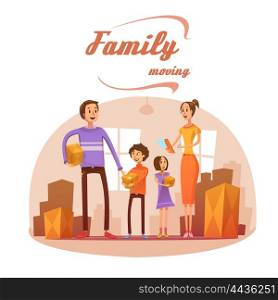 Family Moving In Cartoon Illustration . Family moving in cartoon concept with room list and boxes vector illustration