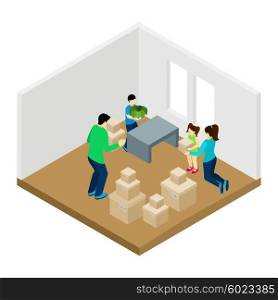 Family Moving In Illustration . Family moving in with new furniture parents and children isometric vector illustration