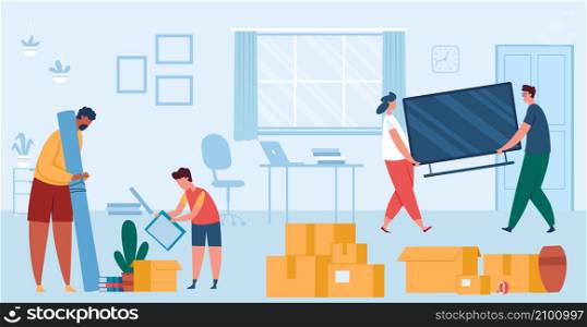 Family moving into new house, carrying boxes. Vector family go in new apartment, moving and carry box in house illustration. Family moving into new house, carrying boxes