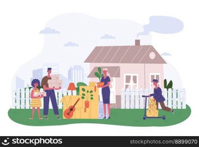 Family moving into new house. Parents with children standing near home with cardboard boxes. Cartoon son and daughter helping and carrying cartons with household stuff, relocation concept vector. Family moving into new house. Parents with children standing near home with cardboard boxes. Cartoon son and daughter helping