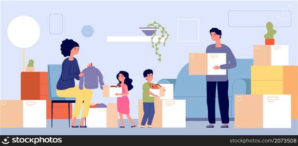 Family moving. People crowd house, relocation man woman and children. Cartoon group in new home, person with box and clothes utter vector concept. Illustration family moving with cardboard to flat. Family moving. People crowd house, relocation man woman and children. Cartoon group in new home, person with box and clothes utter vector concept