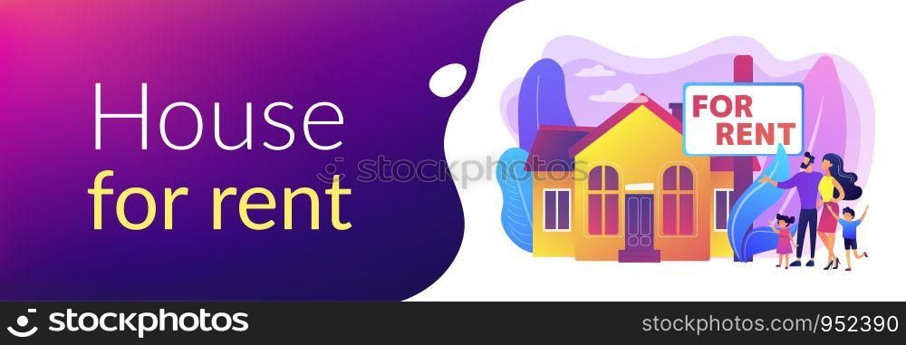Family moving to countryside area. Realtor shows townhouse. House for rent, booking hose online, best rental property, real estate services concept. Header or footer banner template with copy space.. House for rent concept banner header.