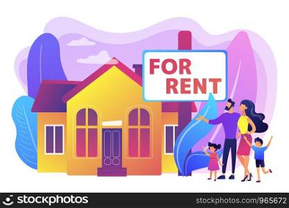 Family moving to countryside area. Realtor shows townhouse. House for rent, booking hose online, best rental property, real estate services concept. Bright vibrant violet vector isolated illustration. House for rent concept vector illustration.