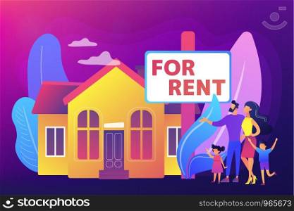 Family moving to countryside area. Realtor shows townhouse. House for rent, booking hose online, best rental property, real estate services concept. Bright vibrant violet vector isolated illustration