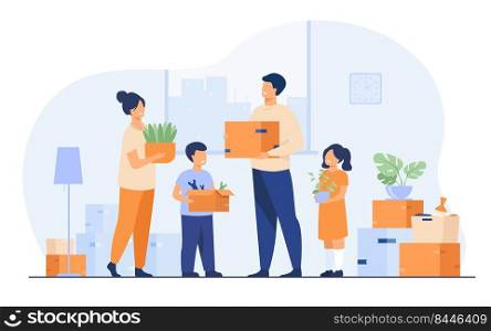 Family moving to new house. Happy cartoon man, woman, boy, girl carrying boxes in apartment. Vector illustration for new home, delivery service concept